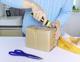 Person using boxcutter to open box instead of teeth